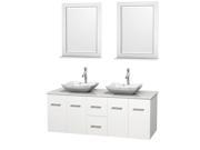Wyndham Collection Centra 60 inch Double Bathroom Vanity in Matte White White Man Made Stone Countertop Avalon White Carrera Marble Sinks and 24 inch Mirr