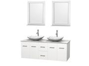 Wyndham Collection Centra 60 inch Double Bathroom Vanity in Matte White White Carrera Marble Countertop Arista White Carrera Marble Sinks and 24 inch Mirr