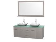 Wyndham Collection Centra 60 inch Double Bathroom Vanity in Gray Oak Green Glass Countertop Avalon White Carrera Marble Sinks and 58 inch Mirror
