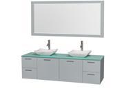 Wyndham Collection Amare 72 inch Double Bathroom Vanity in Dove Gray Green Glass Countertop Avalon White Carrera Marble Sinks and 70 inch Mirror