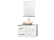 Wyndham Collection Centra 36 inch Single Bathroom Vanity in Matte White White Man Made Stone Countertop Arista Ivory Marble Sink and 24 inch Mirror