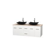 Wyndham Collection Centra 60 inch Double Bathroom Vanity in Matte White Ivory Marble Countertop Arista Black Granite Sinks and No Mirror