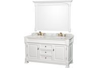 Wyndham Collection Andover 60 inch Double Bathroom Vanity in White White Carrera Marble Countertop Undermount Oval Sinks and 56 inch Mirror