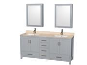 Wyndham Collection Sheffield 72 inch Double Bathroom Vanity in Gray Ivory Marble Countertop Undermount Square Sinks and Medicine Cabinets