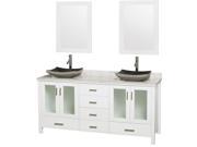 Wyndham Collection Lucy 72 inch Double Bathroom Vanity in White White Carrera Marble Countertop Altair Black Granite Sinks and 24 inch Mirrors