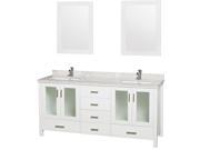 Wyndham Collection Lucy 72 inch Double Bathroom Vanity in White White Carrera Marble Countertop Undermount Square White Porcelain Sinks and 24 inch Mirror