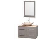 Wyndham Collection Centra 36 inch Single Bathroom Vanity in Gray Oak Ivory Marble Countertop Arista Ivory Marble Sink and 24 inch Mirror