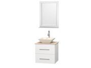 Wyndham Collection Centra 24 inch Single Bathroom Vanity in Matte White Ivory Marble Countertop Pyra Bone Porcelain Sink and 24 inch Mirror