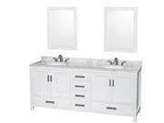 Wyndham Collection Sheffield 80 inch Double Bathroom Vanity in White White Carrera Marble Countertop Undermount Oval Sinks and 24 inch Mirrors