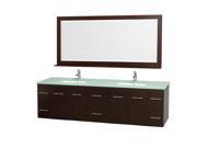 Wyndham Collection Centra 80 inch Double Bathroom Vanity in Espresso Green Glass Countertop Square Porcelain Undermount Sinks and 70 inch Mirror