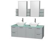 Wyndham Collection Amare 60 inch Double Bathroom Vanity in Dove Gray Green Glass Countertop Pyra White Porcelain Sinks and Medicine Cabinet