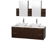 Wyndham Collection Amare 60 inch Double Bathroom Vanity in Espresso with White Man Made Stone Top with Carrera Marble Sinks and Medicine Cabinets