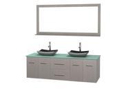 Wyndham Collection Centra 72 inch Double Bathroom Vanity in Gray Oak Green Glass Countertop Altair Black Granite Sinks and 70 inch Mirror