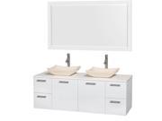Wyndham Collection Amare 60 inch Double Bathroom Vanity in Glossy White White Man Made Stone Countertop Avalon Ivory Marble Sinks and 58 inch Mirror