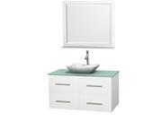 Wyndham Collection Centra 42 inch Single Bathroom Vanity in Matte White Green Glass Countertop Avalon White Carrera Marble Sink and 36 inch Mirror
