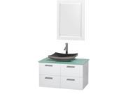 Wyndham Collection Amare 36 inch Single Bathroom Vanity in Glossy White Green Glass Countertop Altair Black Granite Sink and 24 inch Mirror