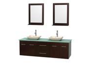 Wyndham Collection Centra 72 inch Double Bathroom Vanity in Espresso Green Glass Countertop Avalon Ivory Marble Sinks and 24 inch Mirrors