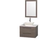 Wyndham Collection Amare 30 inch Single Bathroom Vanity in Gray Oak with White Man Made Stone Top with Bone Porcelain Sink and 24 inch Mirror