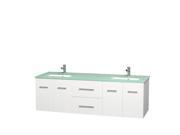 Wyndham Collection Centra 72 inch Double Bathroom Vanity in Matte White Green Glass Countertop Undermount Square Sinks and No Mirror
