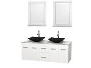 Wyndham Collection Centra 60 inch Double Bathroom Vanity in Matte White White Carrera Marble Countertop Arista Black Granite Sinks and 24 inch Mirrors