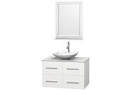 Wyndham Collection Centra 36 inch Single Bathroom Vanity in Matte White White Man Made Stone Countertop Arista White Carrera Marble Sink and 24 inch Mirro