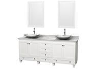 Wyndham Collection Acclaim 80 inch Double Bathroom Vanity in White White Carrera Marble Countertop Arista White Carrera Marble Sinks and 24 inch Mirrors