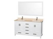 Wyndham Collection Sheffield 60 inch Double Bathroom Vanity in White Ivory Marble Countertop Undermount Square Sinks and 58 inch Mirror