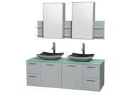Wyndham Collection Amare 60 inch Double Bathroom Vanity in Dove Gray Green Glass Countertop Altair Black Granite Sinks and Medicine Cabinet