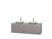 Wyndham Collection Centra 72 inch Double Bathroom Vanity in Gray Oak Green Glass Countertop Avalon Ivory Marble Sinks and No Mirror