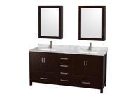 Wyndham Collection Sheffield 72 inch Double Bathroom Vanity in Espresso White Carrera Marble Countertop Undermount Square Sinks and Medicine Cabinets