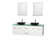 Wyndham Collection Centra 72 inch Double Bathroom Vanity in Matte White Green Glass Countertop Arista Black Granite Sinks and 24 inch Mirrors