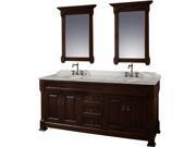 Wyndham Collection Andover 72 inch Double Bathroom Vanity in Dark Cherry White Carrera Marble Countertop Undermount Oval Sinks and 28 inch Mirrors