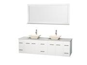 Wyndham Collection Centra 80 inch Double Bathroom Vanity in Matte White White Carrera Marble Countertop Pyra Bone Porcelain Sinks and 70 inch Mirror