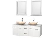 Wyndham Collection Centra 60 inch Double Bathroom Vanity in Matte White White Man Made Stone Countertop Arista Ivory Marble Sinks and 24 inch Mirrors