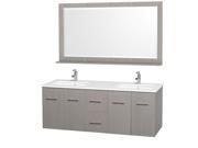 Wyndham Collection Centra 60 inch Double Bathroom Vanity in Gray Oak White Man Made Stone Countertop Square Porcelain Undermount Sinks and 58 inch Mirror