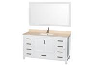 Wyndham Collection Sheffield 60 inch Single Bathroom Vanity in White Ivory Marble Countertop Undermount Square Sink and 58 inch Mirror