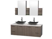Wyndham Collection Amare 60 inch Double Bathroom Vanity in Gray Oak White Man Made Stone Countertop Arista Black Granite Sinks and Medicine Cabinets