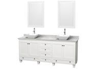 Wyndham Collection Acclaim 80 inch Double Bathroom Vanity in White White Carrera Marble Countertop Pyra White Porcelain Sinks and 24 inch Mirrors