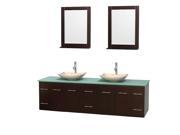 Wyndham Collection Centra 80 inch Double Bathroom Vanity in Espresso Green Glass Countertop Arista Ivory Marble Sinks and 24 inch Mirrors
