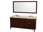 Wyndham Collection Hatton 72 inch Double Bathroom Vanity in Dark Chestnut Ivory Marble Countertop Undermount Oval Sinks and 70 inch Mirror