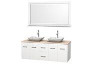 Wyndham Collection Centra 60 inch Double Bathroom Vanity in Matte White Ivory Marble Countertop Avalon White Carrera Marble Sinks and 58 inch Mirror