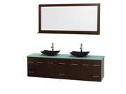Wyndham Collection Centra 80 inch Double Bathroom Vanity in Espresso Green Glass Countertop Arista Black Granite Sinks and 70 inch Mirror