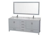 Wyndham Collection Sheffield 80 inch Double Bathroom Vanity in Gray White Carrera Marble Countertop Undermount Square Sinks and 70 inch Mirror