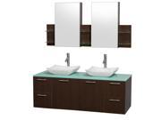 Wyndham Collection Amare 60 inch Double Bathroom Vanity in Espresso with Green Glass Top with Carrera Marble Sinks and Medicine Cabinets