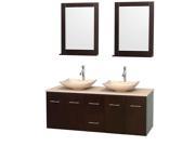 Wyndham Collection Centra 60 inch Double Bathroom Vanity in Espresso Ivory Marble Countertop Arista Ivory Marble Sinks and 24 inch Mirrors