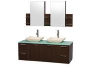 Wyndham Collection Amare 60 inch Double Bathroom Vanity in Espresso with Green Glass Top with Ivory Marble Sinks and Medicine Cabinets