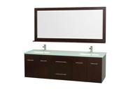 Wyndham Collection Centra 72 inch Double Bathroom Vanity in Espresso Green Glass Countertop Square Porcelain Undermount Sinks and 70 inch Mirror