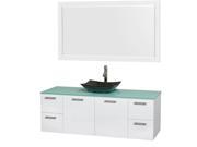Wyndham Collection Amare 60 inch Single Bathroom Vanity in Glossy White Green Glass Countertop Arista Black Granite Sink and 58 inch Mirror
