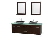 Wyndham Collection Centra 72 inch Double Bathroom Vanity in Espresso Green Glass Countertop Altair Black Granite Sinks and 24 inch Mirrors