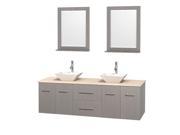 Wyndham Collection Centra 72 inch Double Bathroom Vanity in Gray Oak Ivory Marble Countertop Pyra White Porcelain Sinks and 24 inch Mirrors